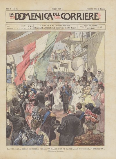 La entrega de la bandera regalada por las mujeres sardas al acorazado Cerdeña de Achille Beltrame