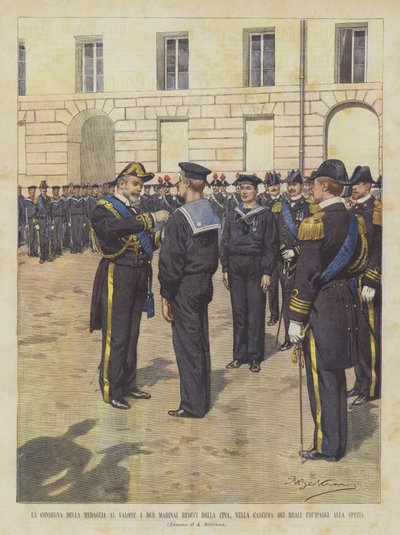 La entrega de la medalla al valor a dos marineros que regresaron de China, en el cuartel de la tripulación real en La Spezia de Achille Beltrame