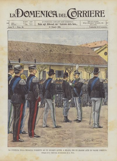 La entrega de la medalla de plata a un soldado alpino en Milán por un gran acto de valor de Achille Beltrame