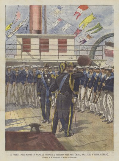 La entrega de medallas al valor a los miembros de la tripulación del barco Elba en la bahía de Nimrod (Ce-Kiang) de Achille Beltrame