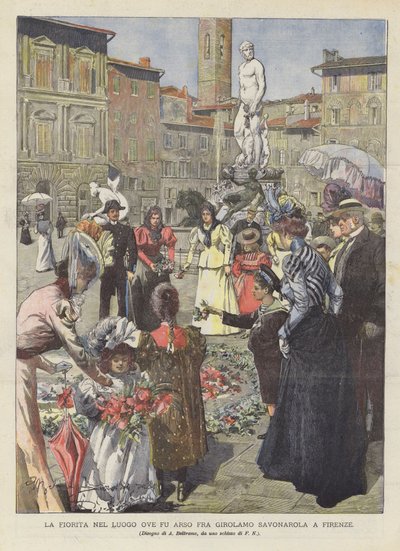 La floración en el lugar donde fue quemado Fra Girolamo Savonarola en Florencia de Achille Beltrame