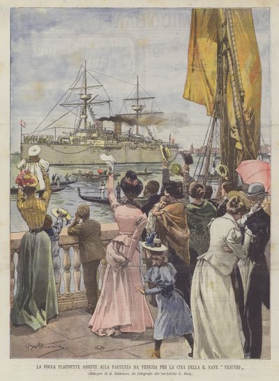 La multitud aplaude la partida desde Venecia hacia China del buque Vesuvio de Achille Beltrame