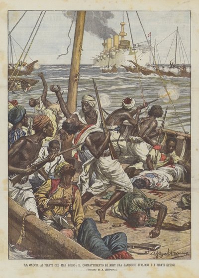 La caza de los piratas del Mar Rojo, el combate de Midy entre sambucos italianos y los mismos piratas de Achille Beltrame