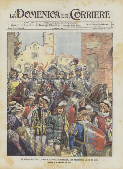 La gran cabalgata histórica en honor a Fanfulla, que atraviesa las calles de Lodi de Achille Beltrame