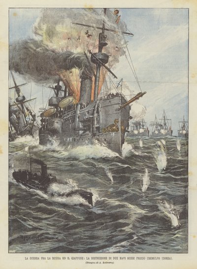 La destrucción de dos naves rusas cerca de Chemulpo (Corea) de Achille Beltrame