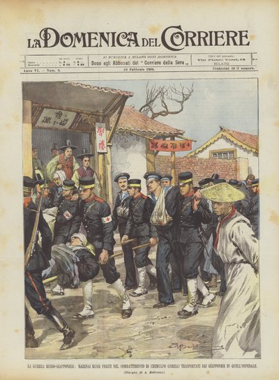 La guerra ruso-japonesa, marineros rusos heridos en el combate de Chemulpo (Corea) transportados ? de Achille Beltrame