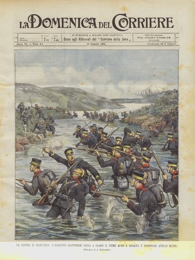La guerra en Manchuria, el ejército japonés cruza el río Ai-Ho y asalta y derrota al ejército ruso de Achille Beltrame