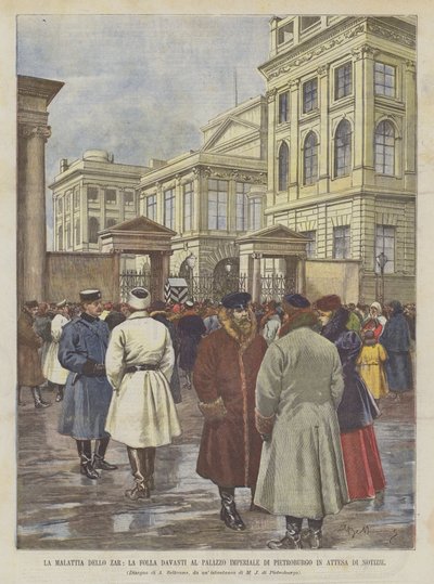 La enfermedad del Zar, la multitud frente al Palacio Imperial de San Petersburgo esperando noticias de Achille Beltrame