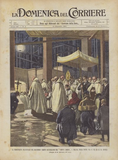 La procesión inaugural del grandioso templo subterráneo del Corpus Domini en Milán de Achille Beltrame