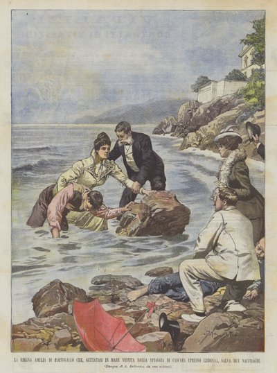 La Reina Amelia de Portugal que, lanzándose al mar vestida desde la playa de Cascais de Achille Beltrame