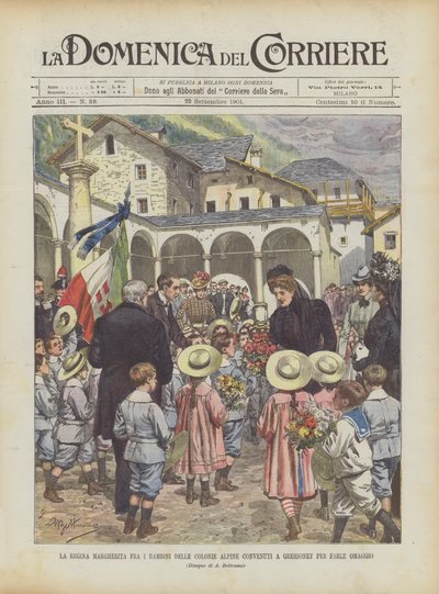 La Reina Margarita entre los Niños de las Colonias Alpinas Reunidos en Gressoney para Rendirle Homenaje de Achille Beltrame