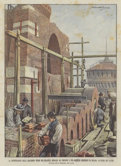 La reconstrucción de la grandiosa Torre del Filarete, dedicada a Umberto I, en el Castillo Sforzesco de Achille Beltrame