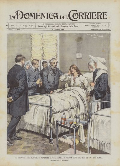 La señorita Fischer que se despierta en una clínica de Viena después de tres meses de sueño continuo de Achille Beltrame