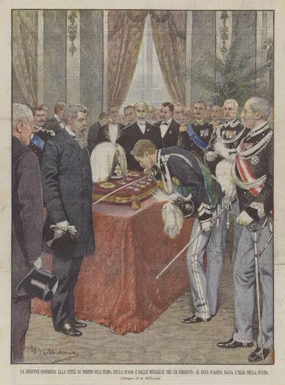 La solemne entrega a la ciudad de Turín del casco, la espada y las medallas del rey Humberto de Achille Beltrame
