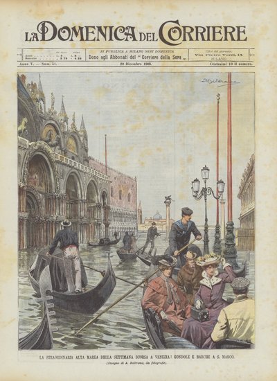 La extraordinaria marea alta de la semana pasada en Venecia, góndolas y barcos en San Marco de Achille Beltrame