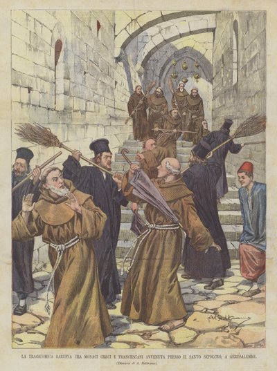 La Tragicómica Pelea entre Monjes Griegos y Franciscanos Ocurrida Cerca del Santo Sepulcro, en Jerusalén de Achille Beltrame