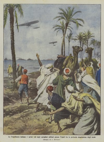 La Tripolitania italiana, los primeros vuelos de los aviones militares cerca de Trípoli entre la profunda de Achille Beltrame