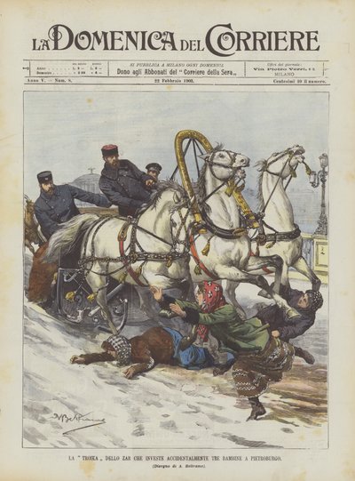 La troika del zar que accidentalmente atropella a tres niñas en San Petersburgo de Achille Beltrame