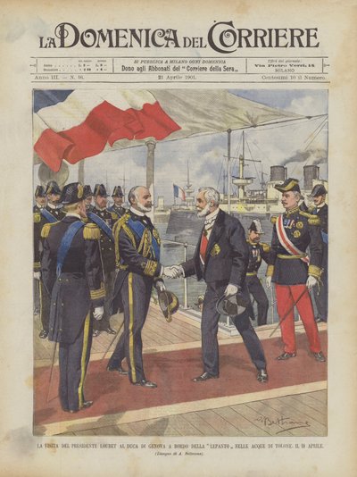 La visita del presidente Loubet al duque de Génova a bordo del Lepanto en las aguas de Tolón, el 10 de abril de Achille Beltrame