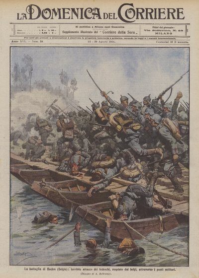 La batalla de Haelen (Bélgica), terrible ataque de los alemanes, rechazado por los belgas, a través de los puentes militares de Achille Beltrame