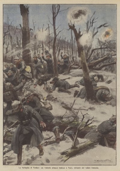 La batalla de Verdún, un violento ataque alemán en Vaux, frustrado por el valor francés de Achille Beltrame