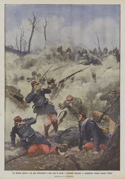 La guerra fea, con gases asfixiantes y no con armas, los alemanes logran conquistar trincheras cerca de Ypres de Achille Beltrame