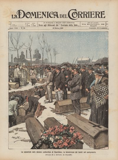 La catástrofe en las minas de carbón de Courrières, la bendición de los féretros en el cementerio de Achille Beltrame