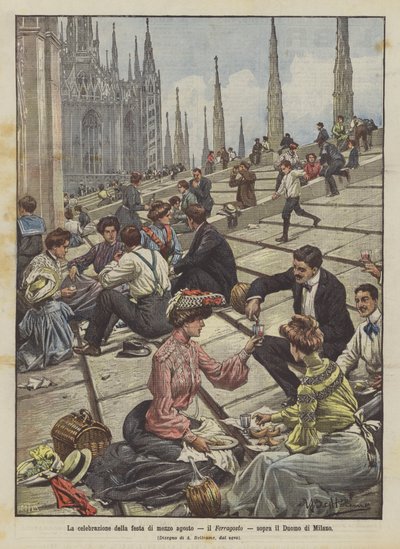 La celebración de la fiesta de mediados de agosto, el Ferragosto, sobre la Catedral de Milán de Achille Beltrame