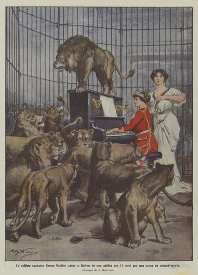 La célebre cantante Emma Destinn canta en Berlín en una jaula con 14 leones para una escena de cine de Achille Beltrame