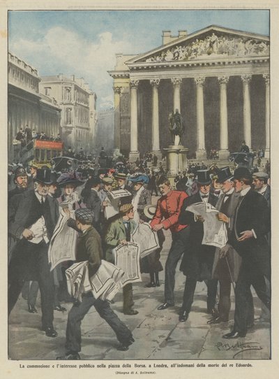 La conmoción y el interés público en la plaza de la Bolsa, en Londres, al día siguiente de la muerte del rey Eduardo de Achille Beltrame