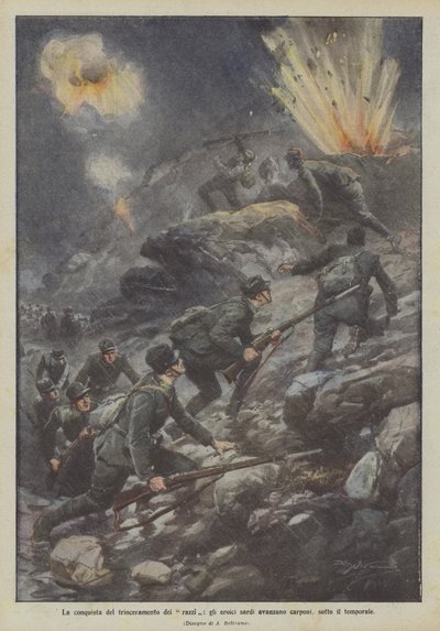 La conquista de la trinchera de los cohetes, los heroicos sardos avanzan a gatas, bajo la tormenta de Achille Beltrame