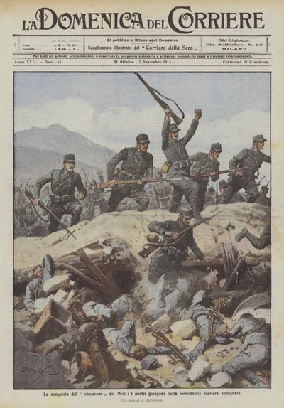 La conquista del trinchera del Mrzli, los nuestros llegan a la formidable barrera conquistada de Achille Beltrame