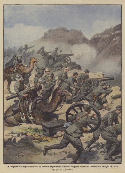 La conquista de la región montañosa de Jefren en Tripolitania, nuestras artillerías montadas de Achille Beltrame