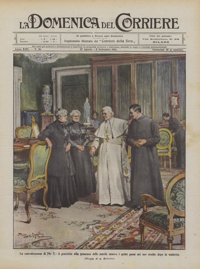 La convalecencia de Pío X, el pontífice en presencia de sus hermanas da sus primeros pasos en su de Achille Beltrame