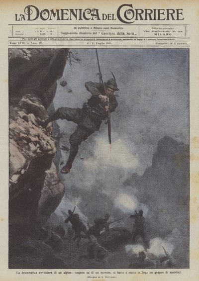 La dramática aventura de un alpino, suspendido sobre un precipicio, lucha y pone en fuga a un grupo de austriacos de Achille Beltrame