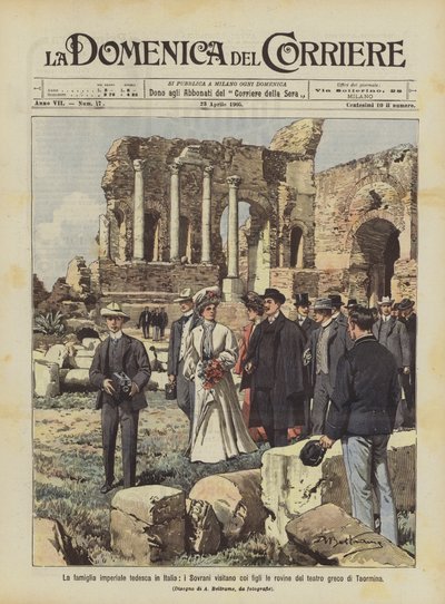 La familia imperial alemana en Italia, los soberanos visitan con sus hijos las ruinas del teatro griego de Taormina de Achille Beltrame