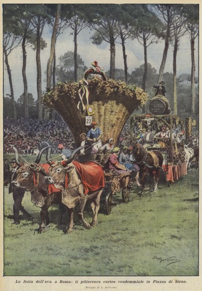La fiesta de la uva en Roma, el pintoresco desfile de la vendimia en la Piazza di Siena de Achille Beltrame