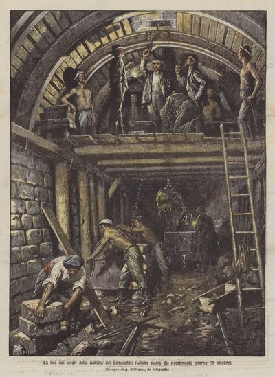 El fin de los trabajos del túnel del Simplón, la última piedra del revestimiento interior (18 de octubre) de Achille Beltrame