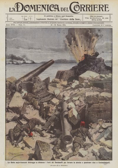 La flota anglo-francesa destruye a distancia los fuertes de los Dardanelos para forzar el estrecho de Achille Beltrame