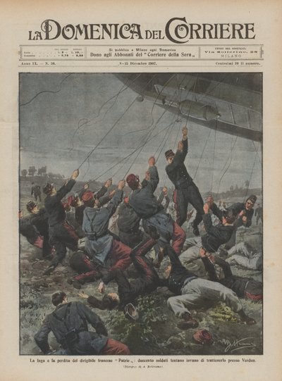 La fuga y pérdida del dirigible francés Patrie, doscientos soldados intentan en vano retenerlo cerca de Verdún de Achille Beltrame