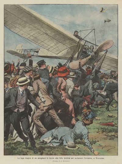 La trágica fuga de un avión en medio de la multitud que acudió a aclamar al aviador, en Worcester de Achille Beltrame
