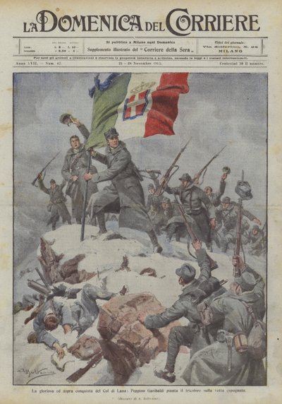 La gloriosa y ardua conquista del Col di Lana, Peppino Garibaldi planta el tricolor en la cima conquistada de Achille Beltrame