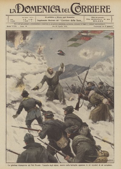 La gloriosa reconquista del Pal Piccolo, el asalto de los alpinos, mientras en la batalla aparecen de Achille Beltrame