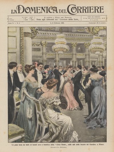 La gran fiesta de baile del lunes por la noche a beneficio de la Cruz Roja en las salas de la Sociedad del Jardín, en Milán de Achille Beltrame