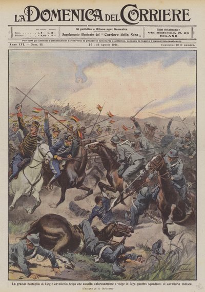 La gran batalla de Lieja, caballería belga que asalta valerosamente y pone en fuga a cuatro de Achille Beltrame