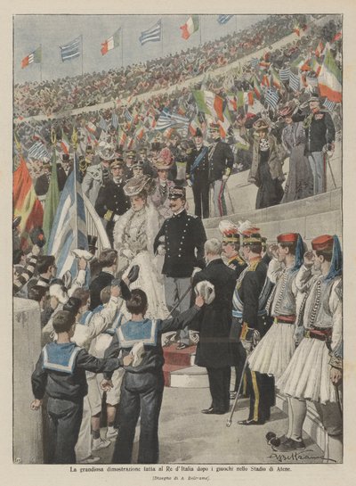 La grandiosa demostración hecha al Rey de Italia después de los juegos en el Estadio de Atenas de Achille Beltrame