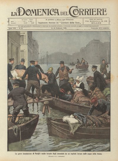 La grave inundación de París, éxodo forzado de los enfermos de un hospital invadido por las aguas del Sena de Achille Beltrame