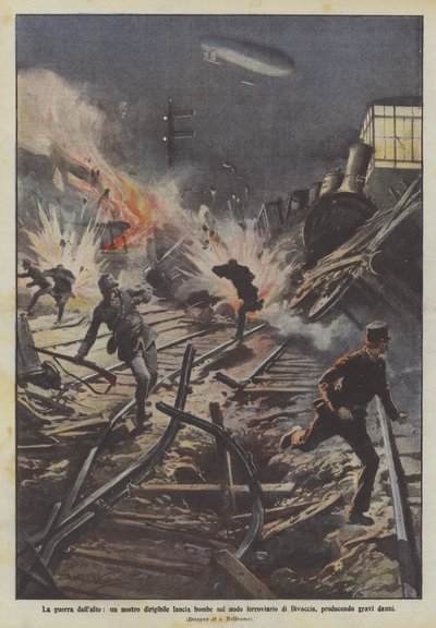 La guerra desde el aire, un dirigible nuestro lanza bombas sobre el nudo ferroviario de Divaccia, causando graves daños de Achille Beltrame