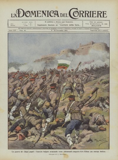 La guerra de los cinco pueblos, el ejército búlgaro avanzando hacia Adrianópolis conquista Kirk Kilisse de Achille Beltrame