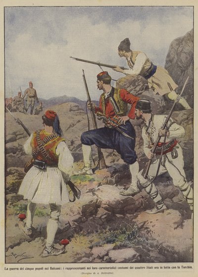 La guerra de los cinco pueblos en los Balcanes, los representantes en sus característicos trajes de Achille Beltrame